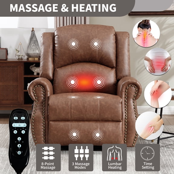 Heat Massage Recliner Chair, Manual Swivel Rocker with 8-Point Vibration & Lumbar Heat, Faux Leather Living Room Chair, Gift for Parents, Yellow