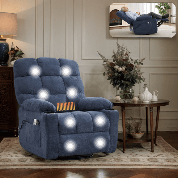 Eyisean 33" Chenille Swivel Recliner Chair, Ergonomic Manual Lounge Chair with Heating & Massage, 155° Infinite Position, Wall Hugger Armchair with Side Pocket & Cup Holder for Elderly