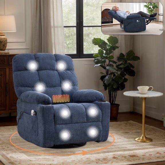 Heat Massage Recliner Chair with Rocker & Swivel, Wall Hugger Small Recliner for Small Spaces, Manual Living Room Chair, Navy Blue, Ergonomic Design for Relaxation