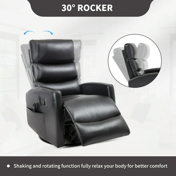 Heat Massage Recliner Chair with 360° Swivel and Rocker, Manual Reclining Chair with 8 Massage Nodes, Lumbar Heat, Black Faux Leather for Living Room