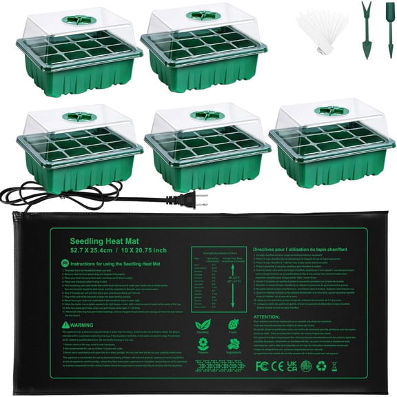 Heat Mat with 5 Set Starter Tray & Humidity Domes, 60 Trays Germination Station Cloning Kit