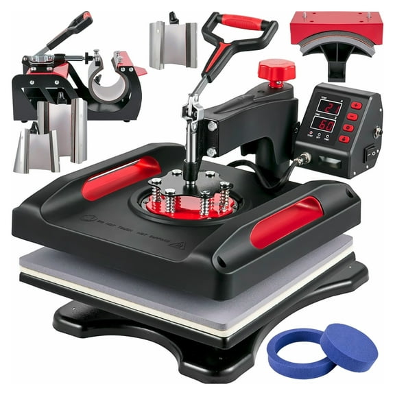 Heat Press Machine 15x15 8-in-1 Sublimation Machine - Swing Away Power Saving - for Shirts, Hats, Mugs, Plates - Red