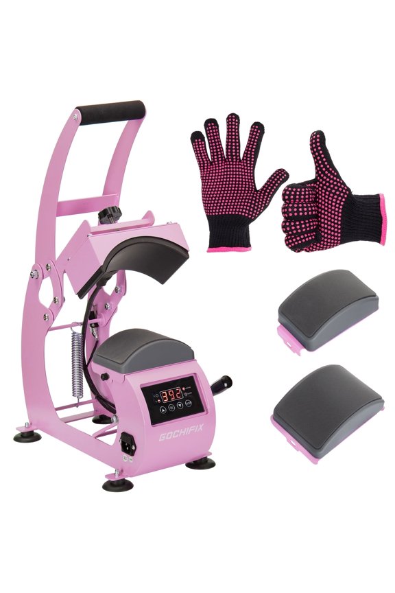 Hat Heat Press Machine,GOCHIFIX Manual Hat Heat Press with 2pcs Interchangeable Platens for Caps Hats T-Shirts and HTV Iron On and Sublimation Projects,Pink