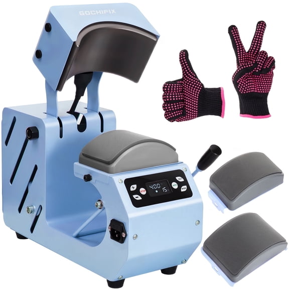 Hat Heat Press Machine,GOCHIFIX Automatic Hat Heat Press with 2pcs Interchangeable Platens for Caps Hats T-Shirts and HTV Iron On and Sublimation Projects,Blue