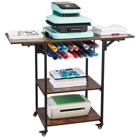 Heat Press Table, 3 Tier Movable Heat Press Stand, Foldable Heat Transfer Machine Stand with Wheels and Vinyl Roll Holder, Rolling Metal Workbench for Sublimation Transfer Machine, Brown