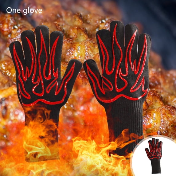 Heat-Resistant BBQ Gloves for Grilling, 800°F Fireproof Five Finger Oven Mitts with Non-Slip Rubber Grip, Flexible & Durable for Cooking, Baking, and Frying (Black, One Pair)