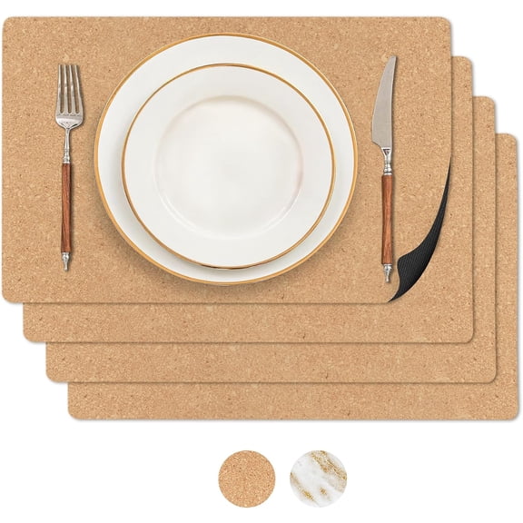 Heat Resistant Cork Placemats Set of 4 - Natural Fine Cork, Waterproof, Proof Table Protector, Non-Slip, Ideal for Gifting, Mother-in-Law Gift, All-Natural Hard