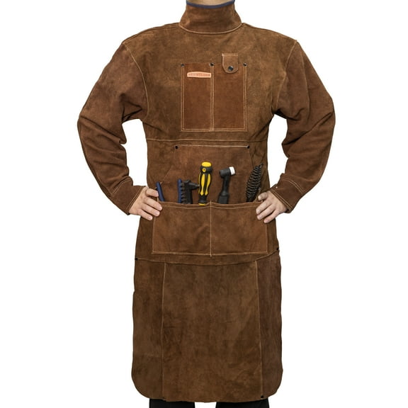 Heat-Resistant Cowhide Welding Apron with Detachable Sleeve & 6 Pockets - Brown Leather Welder's Protective Gear by YESWELDER(Size: Small)
