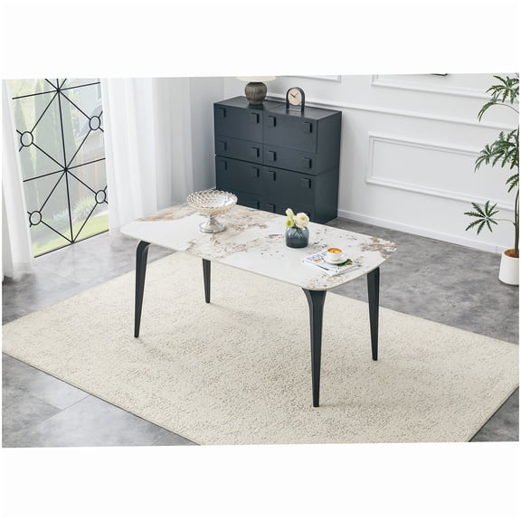 Heat Resistant Dining Table, Modern Rectangular Sintered Stone Top & Sturdy Base, Scratch Proof Kitchen Table in Beige