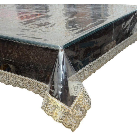 Heat Resistant,Easy Clean Waterproof Plastic Table Cover, Crystal Clear PVC Tablecloth Protector ( Table Cover Dimesion 60 X 104 Inch Oval With Golden Lace )