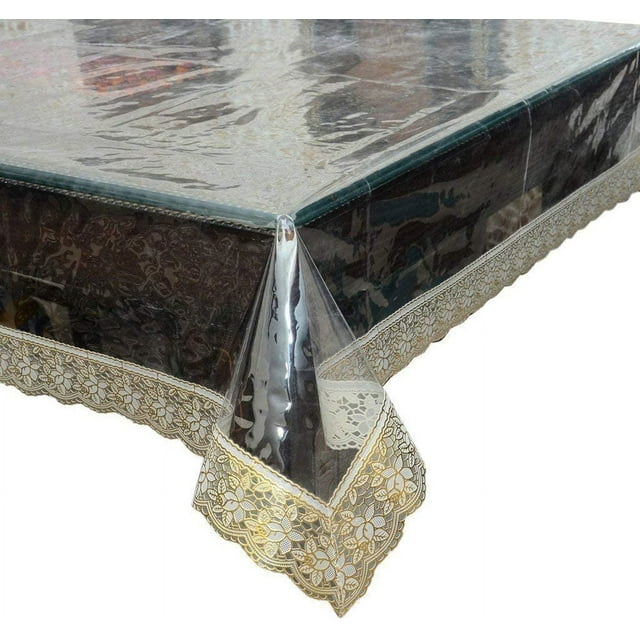Heat Resistant,Easy Clean Waterproof Plastic Table Cover, Crystal Clear PVC Tablecloth Protector ( Table Cover Dimesion 60 X 120 Inch With Golden Lace )
