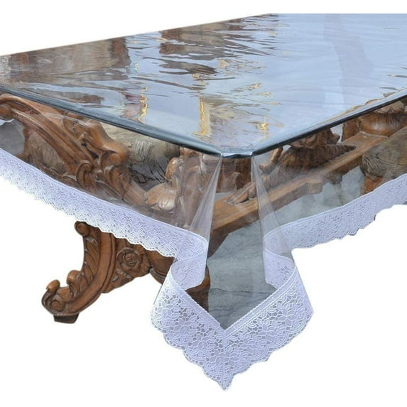 Heat Resistant,Easy Clean Waterproof Plastic Table Cover, Crystal Clear PVC Tablecloth Protector ( Table Cover Dimesion 60 X 84 Inch With White Lace )