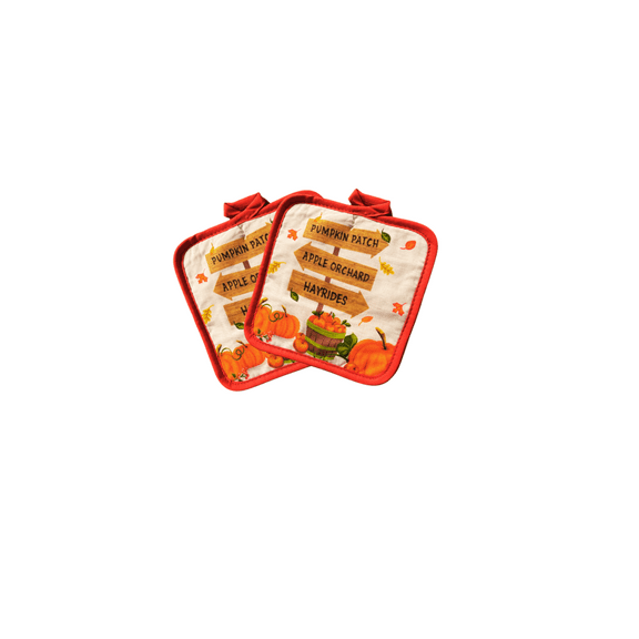 Heat Resistant Fall Harvest Potholders, Pumpkin Patch Apple Orchard, Orange Cream Cotton (2 Count)