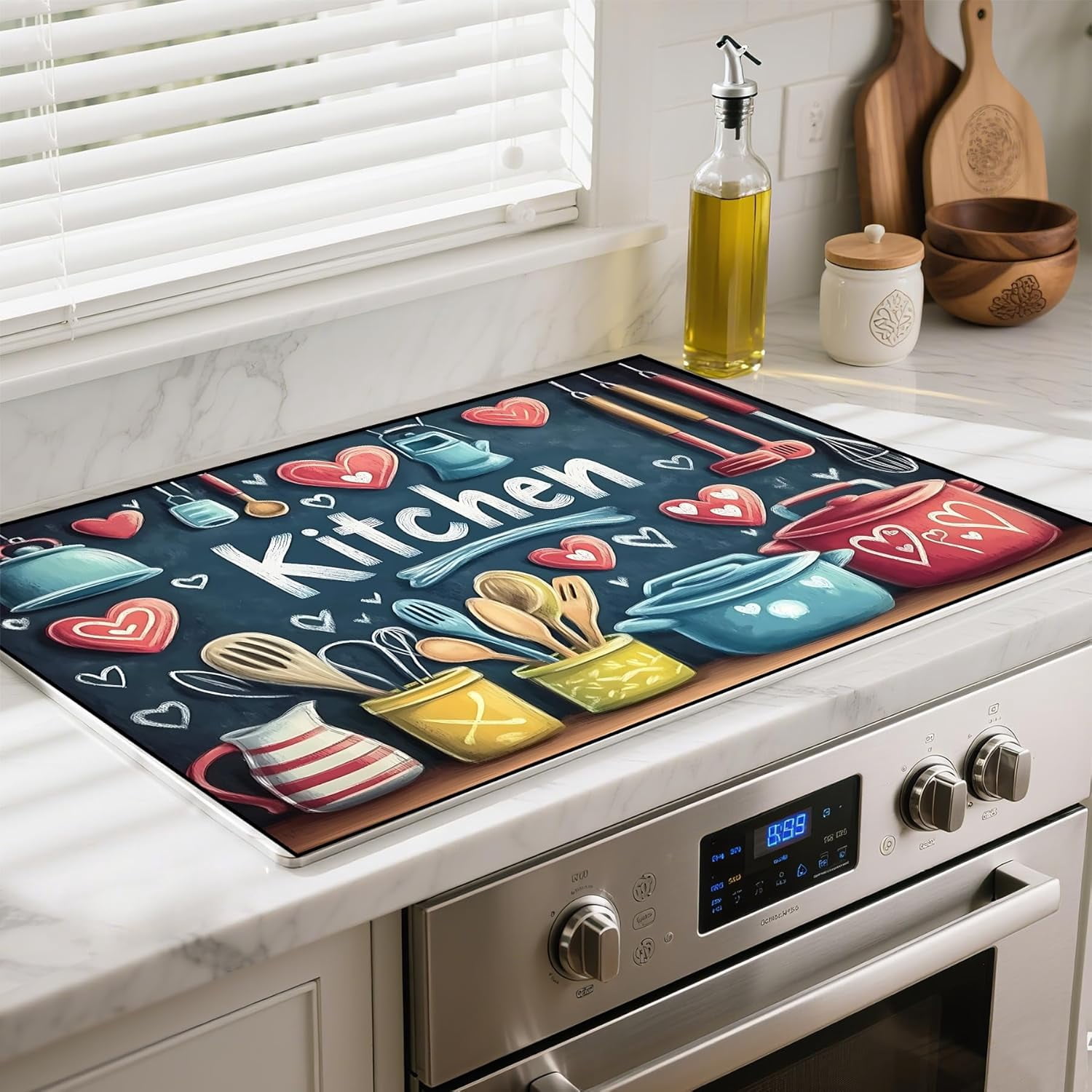 Heat-Resistant Glass Stove Top Cover with Anti-Slip Rubber Coating – Electric Stove Protector, Scratch-Resistant, Counter Space Decor Mat (Kitchen-Blue, 28.5"L x 20.5"W)
