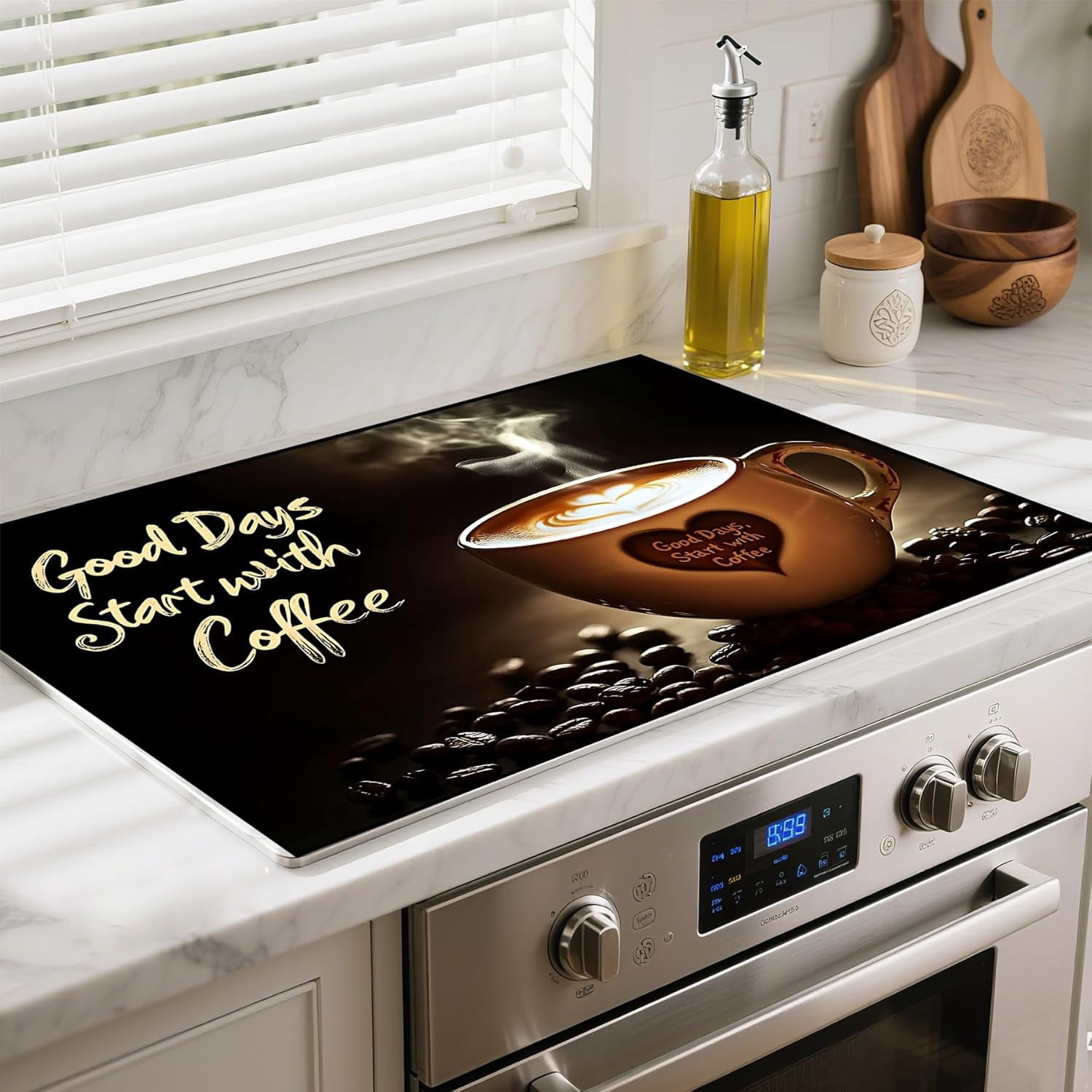 Heat-Resistant Glass Stove Top Cover with Anti-Slip Rubber Coating – Electric Stove Protector, Scratch-Resistant, Counter Space Decor Mat (coffee cup, 28.5"L x 20.5"W)
