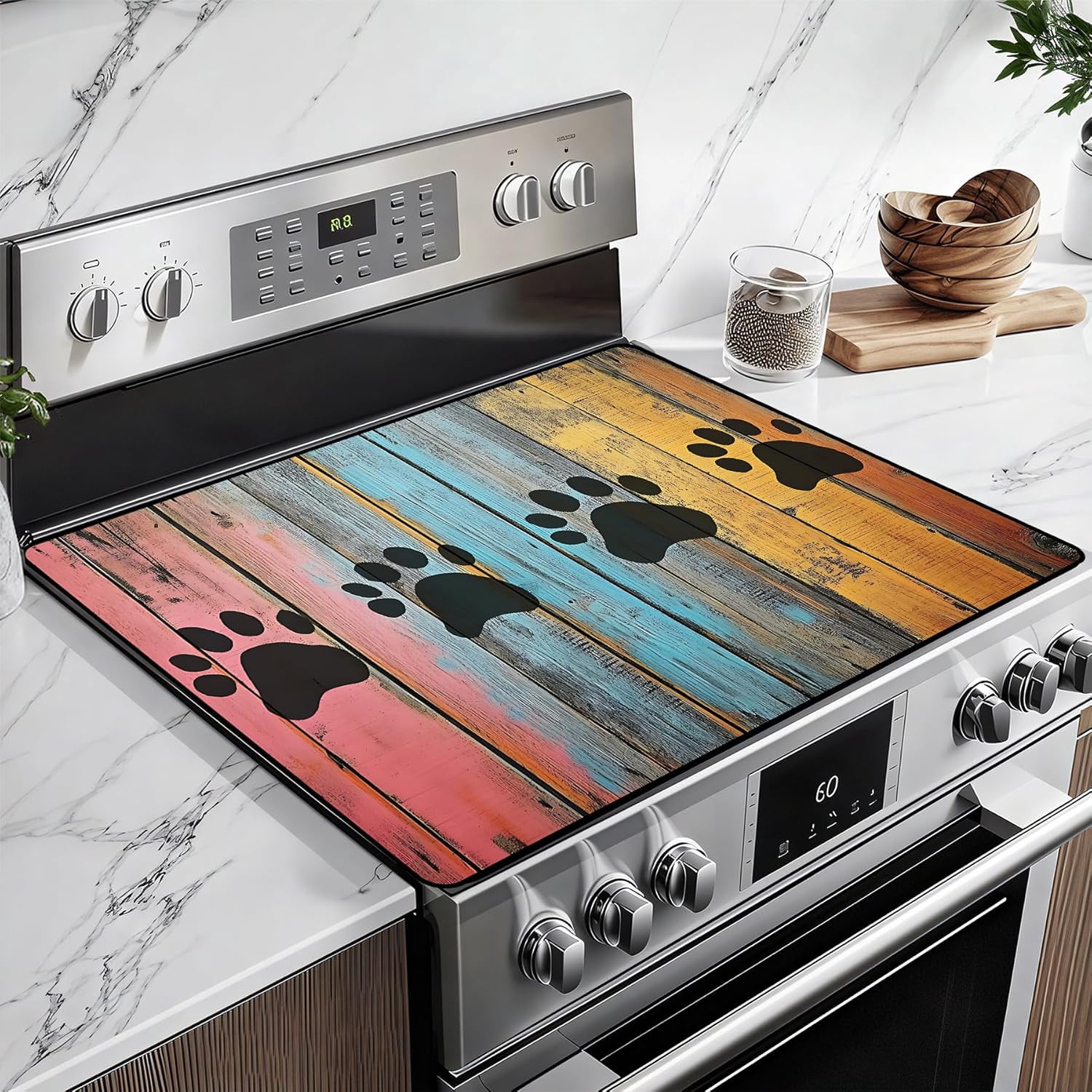 Heat-Resistant Glass Stove Top Cover with Anti-Slip Rubber Coating – Electric Stove Protector, Scratch-Resistant, Expands Counter Space, Stylish Kitchen Decor (Dog Paw Print)