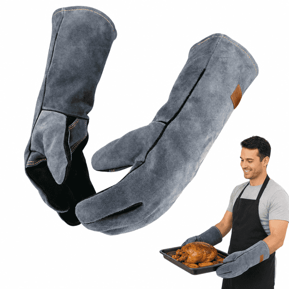 Heat Resistant Gloves, Grill Gloves Heat Proof for Men, Animal Handling Gloves, Oven Mitt, Leather Fire Heat Resistant Gloves for BBQ, Grilling, Welding, Baking and Pet Handling Protection