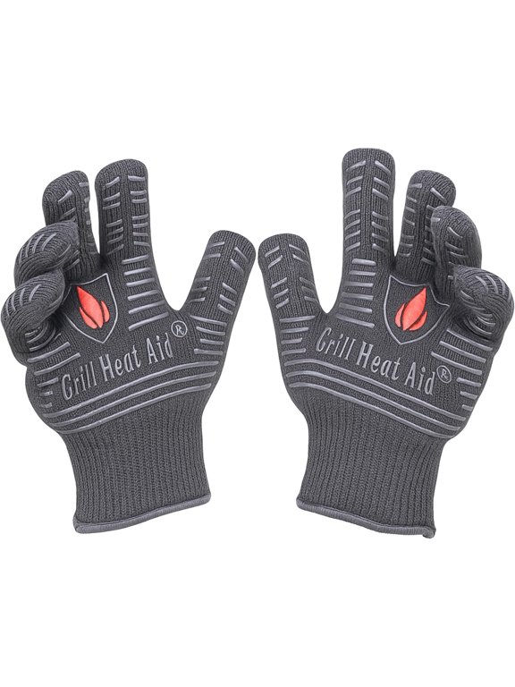 Heat Resistant Grill Gloves 1472 F with Fingers Gray Short Cuff Medium