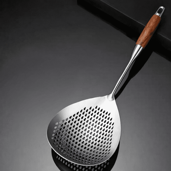 Heat Resistant Handle Skimmer Ladle, Stainless Steel Slotted Strainer Spoon, Fast Oil Draining Cooking Utensil for Deep Frying, Boiling, Pasta and Food Straining