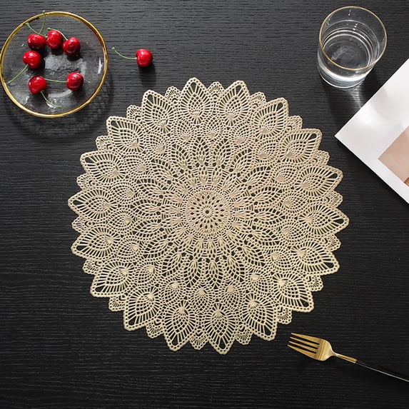 Heat Resistant Hollow Lace Pattern Placemat, PVC Table Mat for Cups and Plates, Decorative Dining Insulation Pad, 38cmx38cm Silver or Pink Washable Protector, Gold