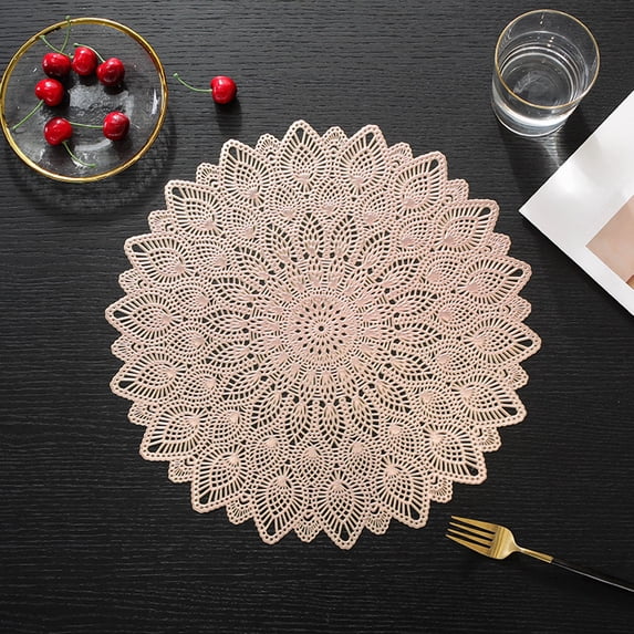 Heat Resistant Hollow Lace Pattern Placemat, PVC Table Mat for Cups and Plates, Decorative Dining Insulation Pad, 38cmx38cm Silver or Pink Washable Protector, Pink