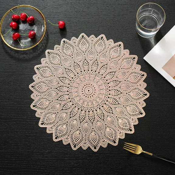 Heat Resistant Hollow Lace Pattern Placemat, PVC Table Mat for Cups and Plates, Decorative Dining Insulation Pad, 38cmx38cm Silver or Pink Washable Protector, Pink