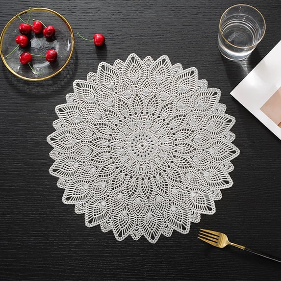 Heat Resistant Hollow Lace Pattern Placemat, PVC Table Mat for Cups and Plates, Decorative Dining Insulation Pad, 38cmx38cm Silver or Pink Washable Protector, Silver