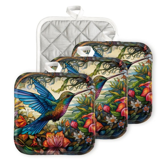 Bahomeck Pot Holder 4Pcs,Colorful Hummingbird In Flight And Surrounded By Vibrant Flowers Square Heat Resistant Hot Pads For Kitchen Cooking Oven With Hanging Loop Potholder Easy To Store