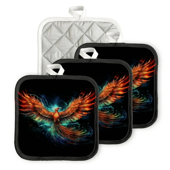 Heat Resistant Hot Pads 4 Pack Majestic Phoenix Soaring With Vibrant Feathers Glowing In The Dark Square Pot Holder For Kitchen Cooking Oven And Bbq Grill With Hanging Loop Potholder Machine Washable
