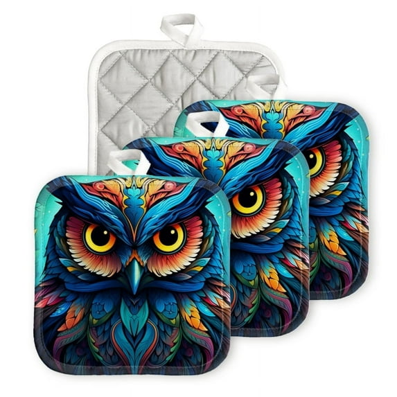 BaHomeck Pot Holders 4pcs dacron Made Square heat-resisting mat Machine Washable for Kitchen Oven Hot Pads 6.7inch*6.7inch,Owl With Vibrant Colors Featuring Intricate Patterns And Details