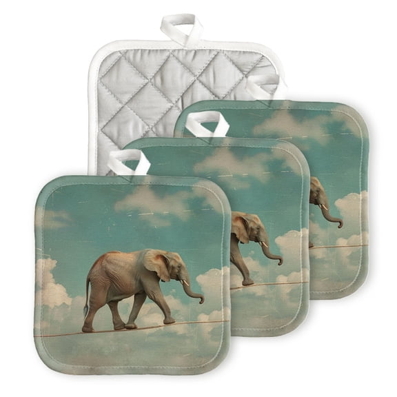 Bahomeck Pot Holder 4Pcs,Vintage-Style Depiction Of Elephant Walking On Tightrope In The Sky Square Heat Resistant Hot Pads For Kitchen Cooking Oven With Hanging Loop Potholder Easy To Store