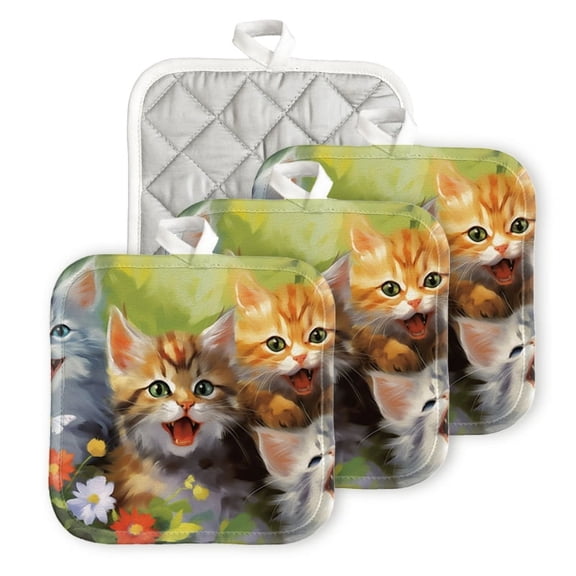 Bahomeck Pot Holder 4Pcs,Adorable Kittens With Big Eyes Smiling And Singing In The Garden Square Heat Resistant Hot Pads For Kitchen Cooking Oven With Hanging Loop Potholder Easy To Store