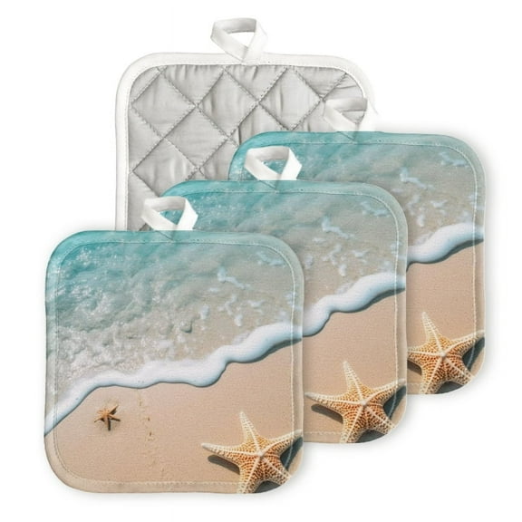 Heat Resistant Hot Pads 4 pack Beautiful Sandy Beach With Clear Blue Water And Gentle Waves Square Pot Holder for Kitchen Cooking oven And BBQ grill with Hanging Loop Potholder machine washable
