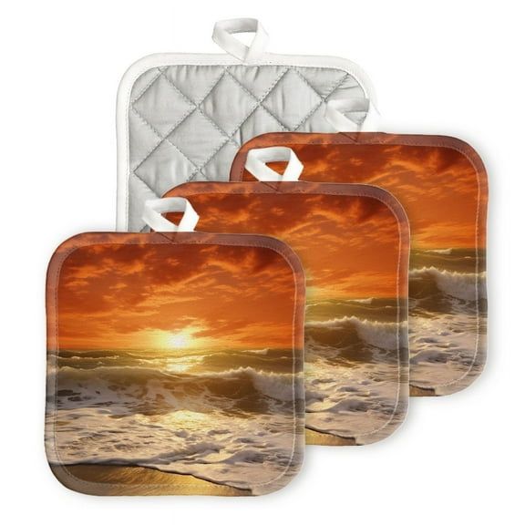 Heat Resistant Hot Pads 4 pack Beautiful Sunset Over The Ocean With Crashing Waves And Golden Sand Square Pot Holder for Kitchen Cooking oven And BBQ grill machine washable