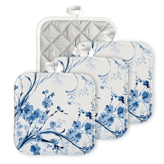 Heat Resistant Hot Pads 4 pack Blue And White Ink Painting Depicting A Pattern Of Small Flowers Square Pot Holder for Kitchen Cooking oven And BBQ grill with Hanging Loop Potholder machine washable