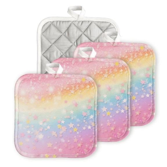 Heat Resistant Hot Pads 4 pack Colorful Pastel Rainbow Stars Background And Soft Dreamy Blurry Style Square Pot Holder for Kitchen Cooking oven And BBQ grill machine washable