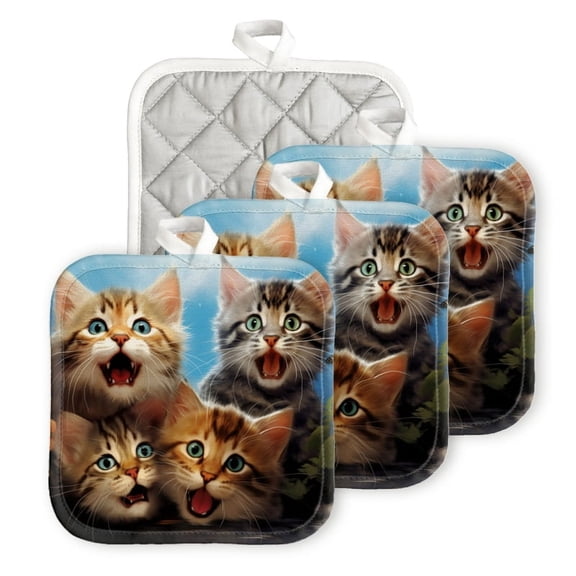 Heat Resistant Hot Pads 4 pack Kittens With Green Eyes Singing Along To The Lively Melody Square Pot Holder for Kitchen Cooking oven And BBQ grill with Hanging Loop Potholder machine washable