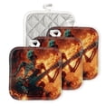 thumbnail image 1 of Heat Resistant Hot Pads 4 pack Skeletal Figure Playing Electric Guitar Surrounded By Flames Square Pot Holder for Kitchen Cooking oven And BBQ grill with Hanging Loop Potholder machine washable, 1 of 5