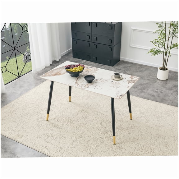 Heat-Resistant Kitchen Dining Table, Rectangular Sintered Stone Top with Adjustable Metal Legs, Modern Home Furniture (Beige)