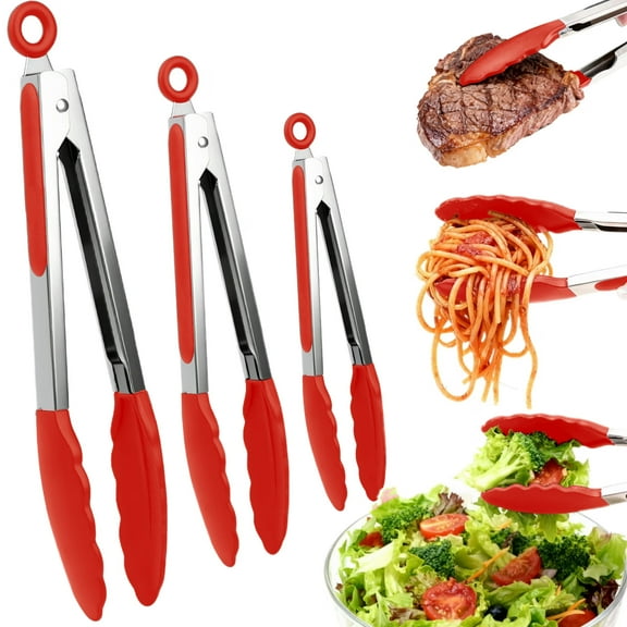 MOJINO Kitchen Tongs Set of 3 (7 Inch, 9 Inch, 12 Inch), 600°F Heat Resistant Stainless Steel Tongs with Silicone-Coated Non-Slip Handles for Cooking, Food, Salad, BBQ, Red