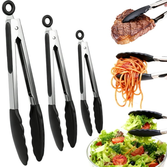 3-Pack Kitchen Tongs (7-9-12 Inch), MOJINO Tongs For Cooking, 600°F Heat Resistant Stainless Steel Tongs with Silicone-Coated Handles, Perfect for Food, Salad and BBQ Black