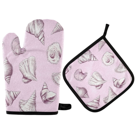 Heat Resistant Oven Glove & Hot Pad Set Reusable and Washable Kitchen Combo for Baking, BBQ, Oven, Microwave Conch Shells Pattern