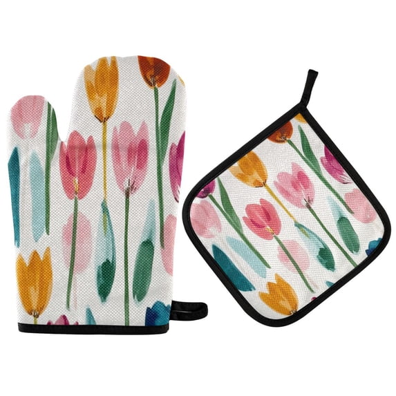 Heat Resistant Oven Glove & Hot Pad Set Reusable and Washable Kitchen Combo for Baking, BBQ, Oven, Microwave Cute Watercolor Tulips