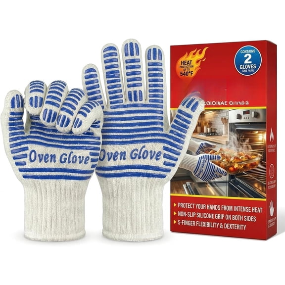 Heat Resistant Oven Gloves - 2 Pack, 540 Degree Professional Grade Oven Mitts with Fingers, Non-Slip Silicone Grip Cooking Gloves for Baking, Grilling, BBQ, Fireplace and Sourdough
