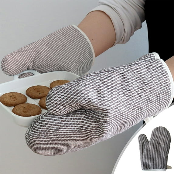 Heat Resistant Oven Mitts | Anti-Scald Microwave Gloves for Baking & Cooking | Striped Insulated Kitchen Mittens | 1-Piece Set in Green, Blue, Brown