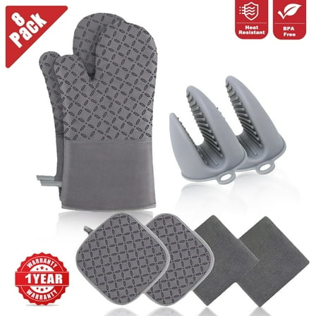 Heat Resistant Oven Mitts & Pot Holders - 500°F, Oven Gloves, Extra Long, Non-Slip Silicone Texture for Baking, Cooking, BBQ (Grey)