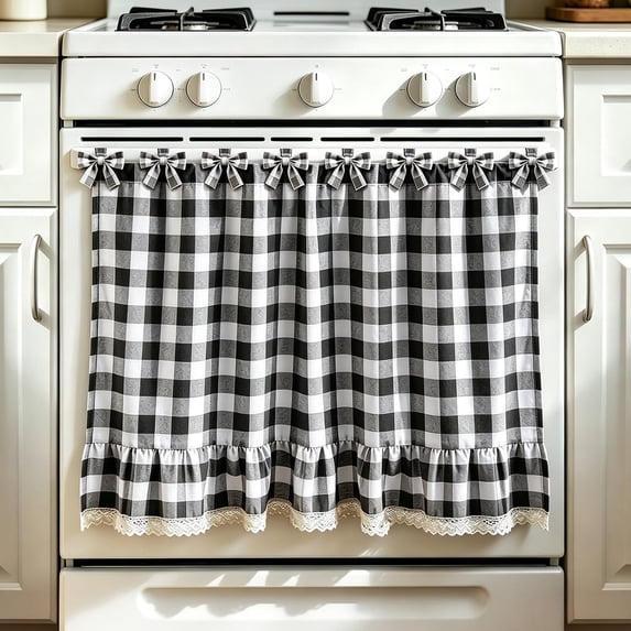 Heat Resistant Oven Skirt Curtain, 30x21in Polyester Stove Cover with Ribbon Ties and Ruffled Trim, Handmade Appliance Curtain for Farmhouse Kitchen Decor