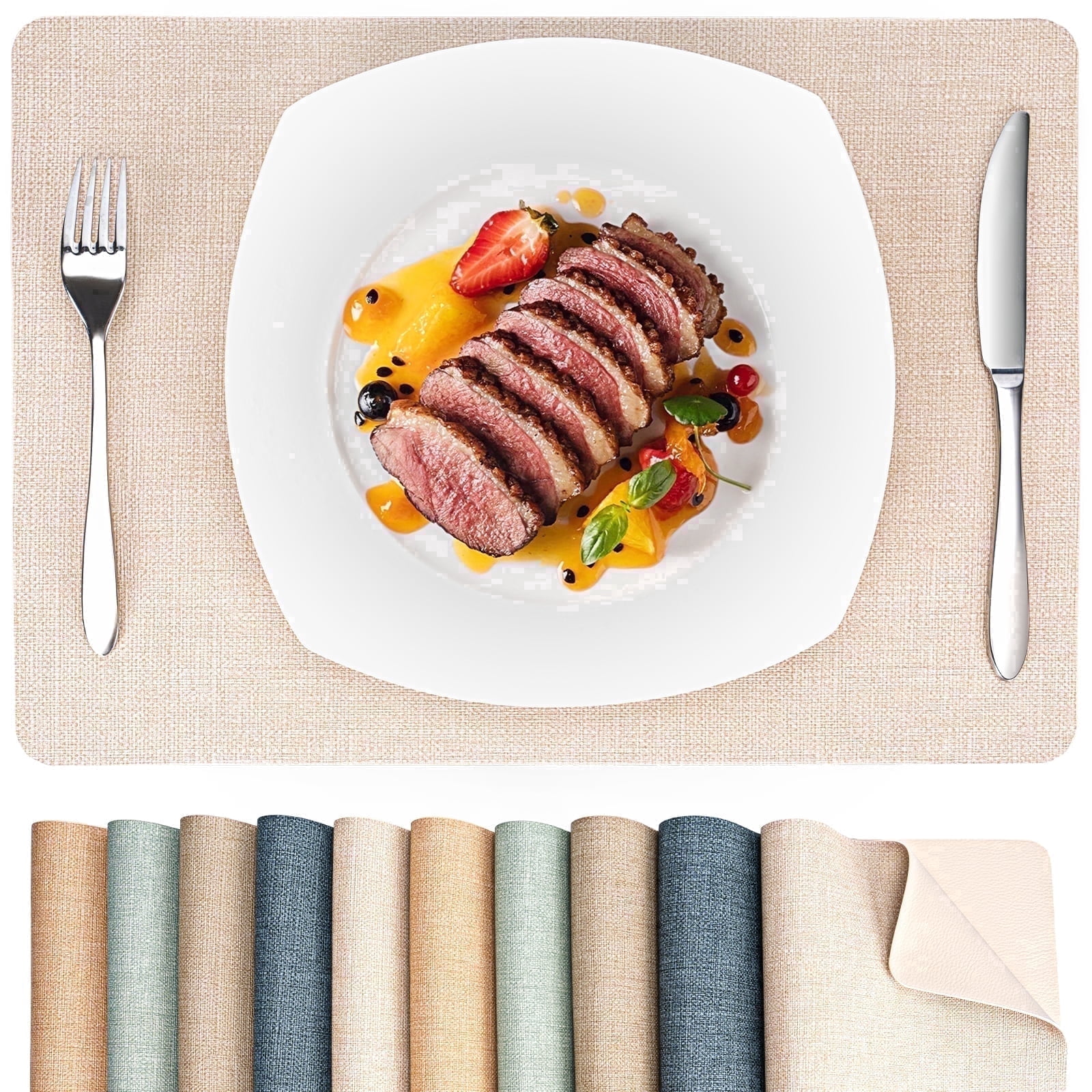 PROMATTOO Faux Leather Placemats Set of 6,Heat Resistant Dining Table Mats,17”x12”,Ivory Beige