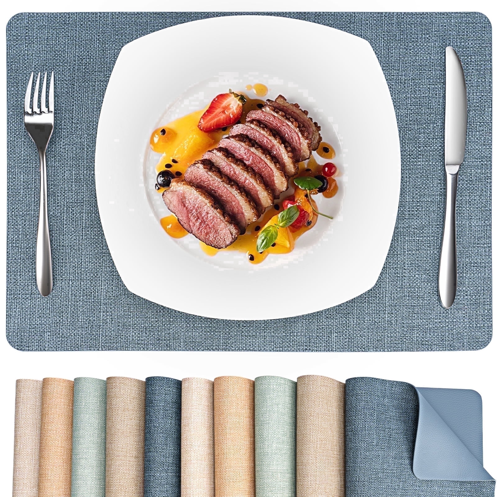PROMATTOO Faux Leather Placemats Set of 6,Heat Resistant Dining Table Mats,17”x12”,Charcoal Blue