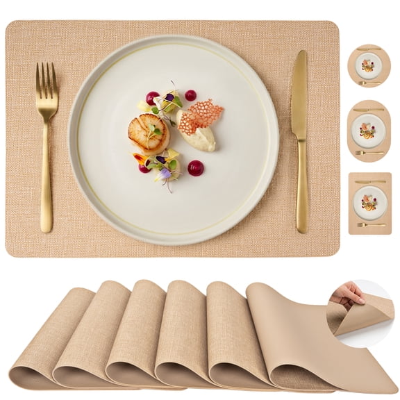 PROMATTOO Faux Leather Placemats Set of 6,Heat Resistant Dining Table Mats,17”x12”,Warm Tan